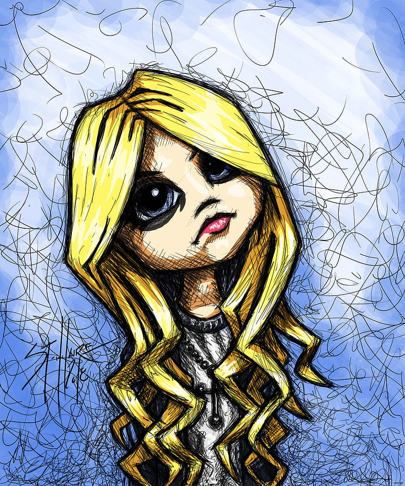 Pierre St-Hilaire, portrait, portrait display, large eyes, blue eyes, looking up, pencil drawing, wavy hair, digital painting, blue background, women, closed mouth, yellow hair, cross, simple background, drawing, face, eyes, artwork, hair , singer, The Pretty Reckless, music, fan art, digital art, Taylor Momsen, ArtStation, HD phone wallpaper