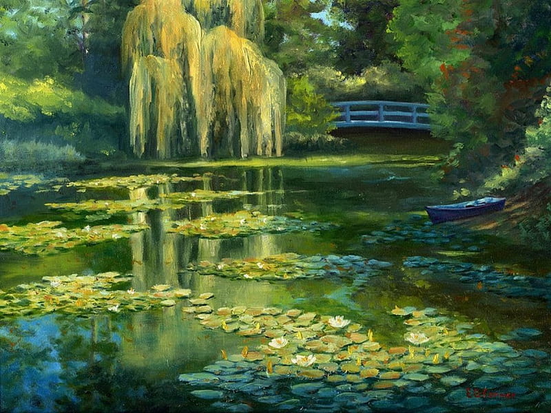 Waterlilies, trees, artwork, leaves, boat, water, bridge, painting, flowers, river, HD wallpaper