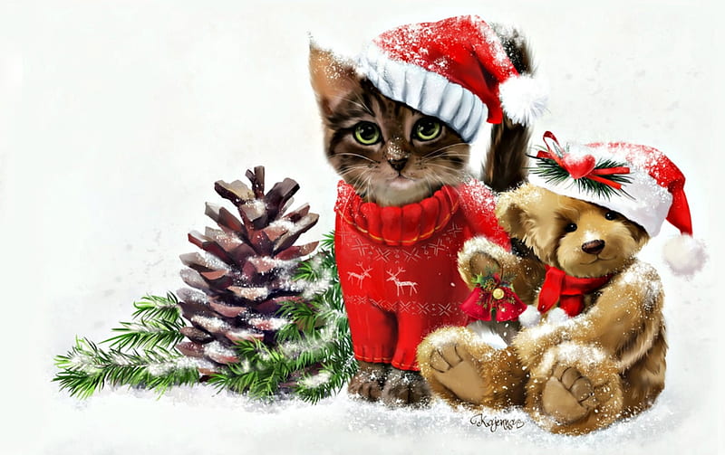 Merry Christmas!, red, art, lorri kajenna, craciun, christmas, teddy bear toy, cat, animal, winter, hat, cute, tree, santa, fantasy, green, white, HD wallpaper