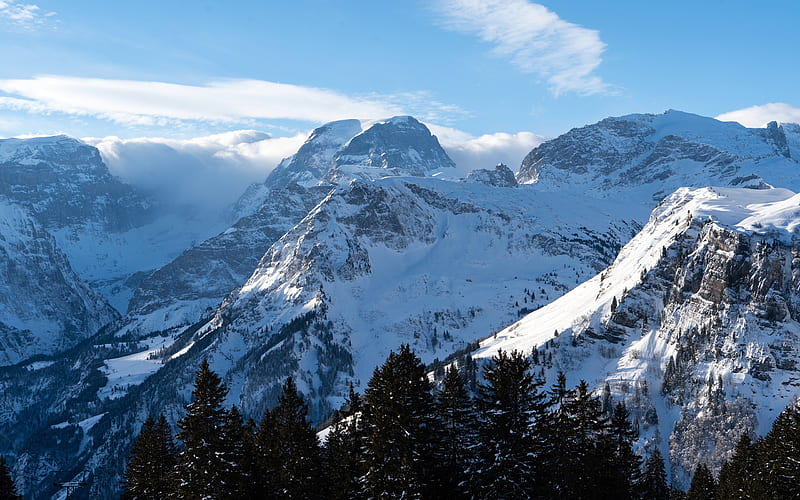 mountain landscape, winter, snow, Alps, rocks, Braunwald, Glarus, Switzerland, HD wallpaper