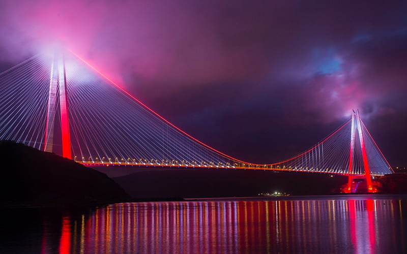 Yavuz Sultan Selim Bridge, Bosphorus, nightscapes, fog, Istanbul, Turkey, HD wallpaper
