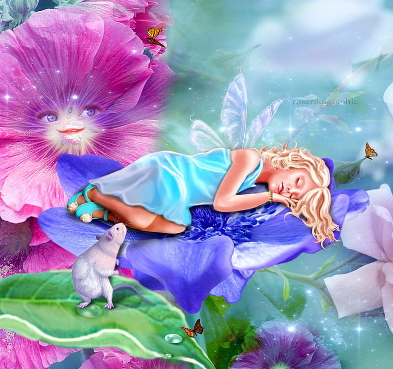 ~Fairy Sleeping~, pretty, fantasy girls, rats, softness beauty, bonito, adorable, digital art, fantasy, beautiful girls, manipulation, emotional, love, fairies, flowers, girls, butterfly designs, animals, wings, lovely, colors, love four seasons, creative pre-made, butterflies, sleeping, cool, weird things people wear, backgrounds, HD wallpaper