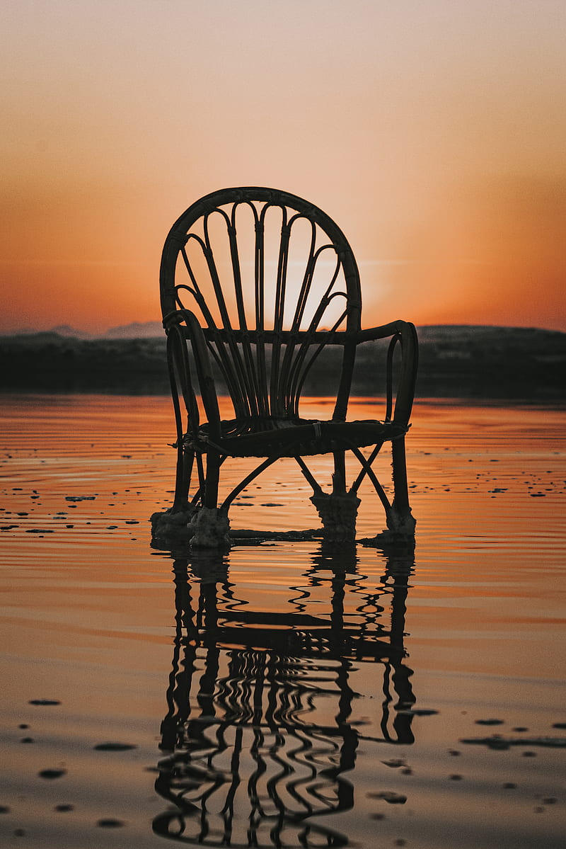 chair, sea, sunset, reflection, water, HD phone wallpaper
