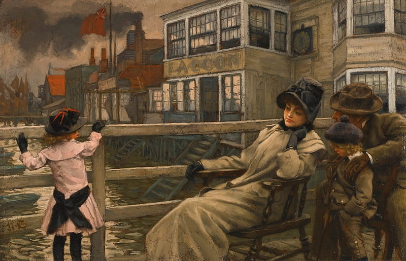 Family, copil, child, woman, mother, art, water, girl, ship, painting, james tissot, pictura, HD wallpaper
