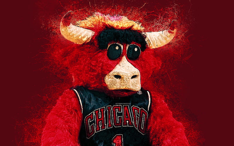 Benny the Bull, official mascot, Chicago Bulls art, NBA, USA, grunge art, symbol, red background, paint art, National Basketball Association, NBA mascots, Chicago Bulls mascot, basketball, HD wallpaper