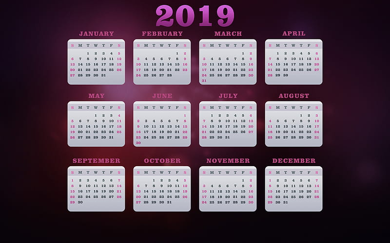 Calendar 2019, purple background, all months of 2019, Calendar for 2019, creative art, HD wallpaper
