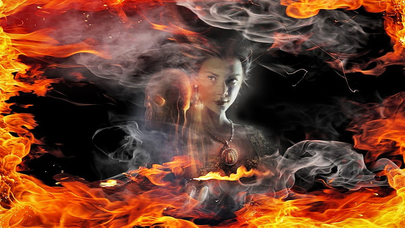 Fire Woman, fire, background, brooch, skull, woman, HD wallpaper
