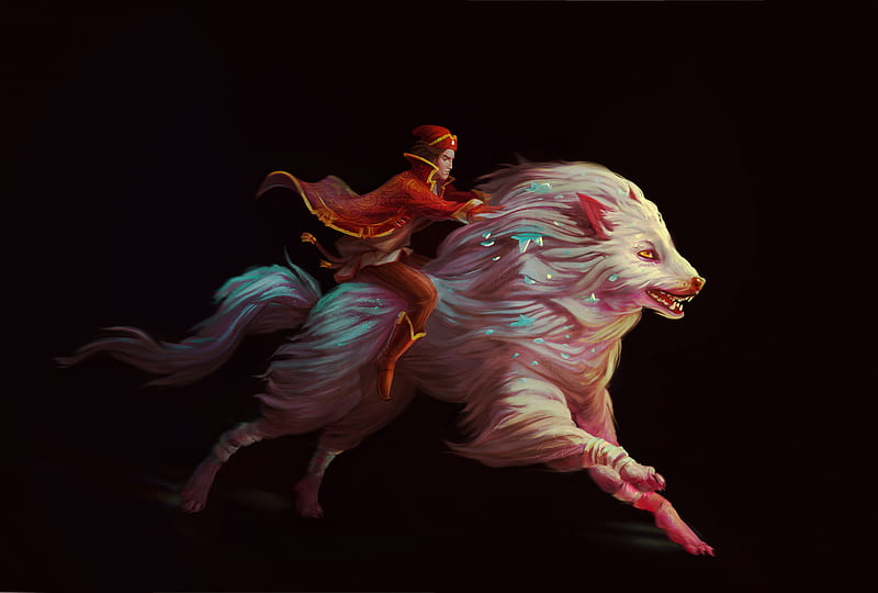 Man Riding a White Wolf, HD wallpaper