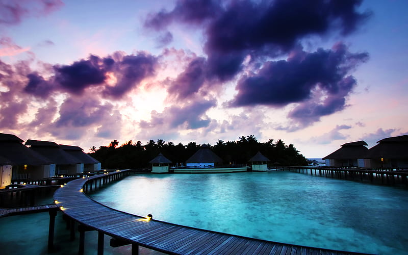 And i need a vacation tonight...., architecture, holiday, ocean, bora-bora, clouds, HD wallpaper