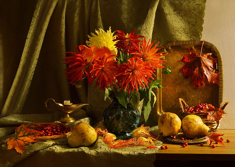 Still life, Dahlias, Vase, Pear, Candlestick, HD wallpaper