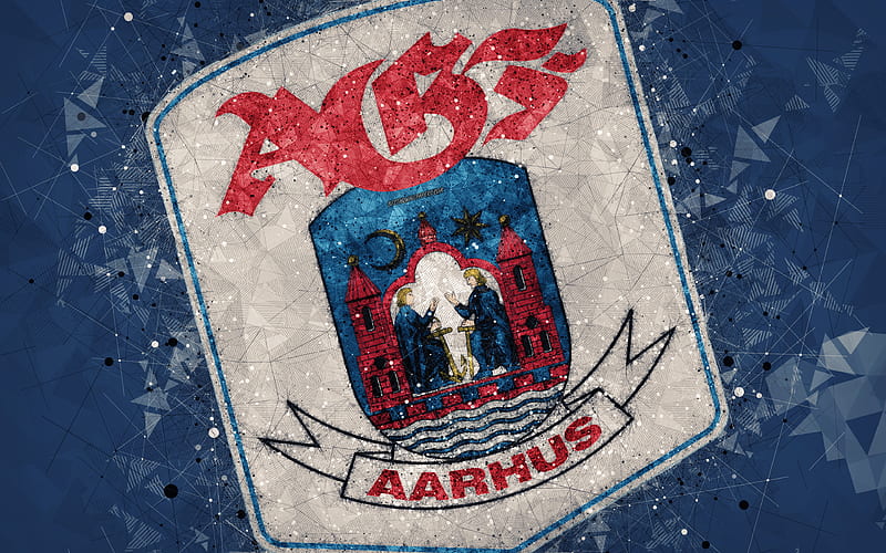 Aarhus Gymnastikforening logo, geometric art, Danish football club, blue background, Danish Superliga, Aarhus, Denmark, football, Aarhus FC, HD wallpaper