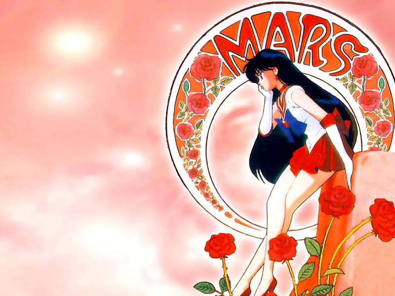 Mars, red, female, cute, girl, anime, sailor mars, flower, anime girl, sailormoon, HD wallpaper