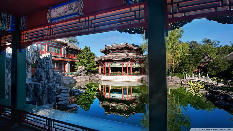 private gardens in the forbidden city, pond, bridge, buildings, garden, trees, HD wallpaper