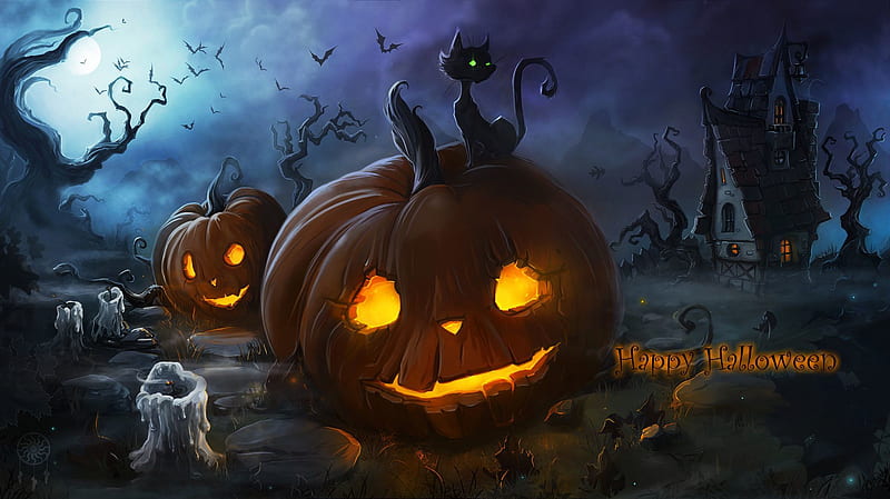 Halloween, Cat, Holiday, Candle, Jack O' Lantern, Haunted House, Happy ...