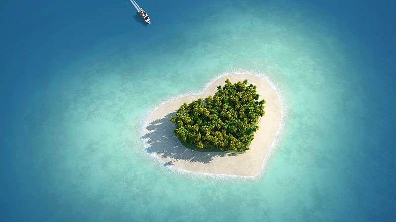 Welcome to the Island of Love !, lovely, yacht, love, heart, island, palm trees, sea, blue, HD wallpaper