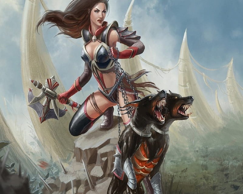 Warrior And Hellhound, Woman, Ax, Dog, Two Head, HD wallpaper