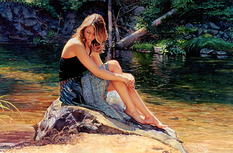 Day Dreaming, stream, rocks, peaceful, sunny, lady, HD wallpaper