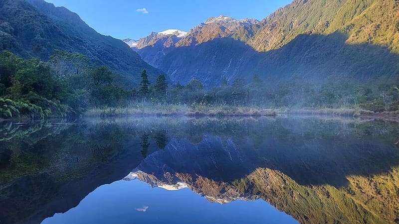 Start of the Robert's Point track, at Franz Josef Glacier, New Zealand, reflections, lake, water, rocks, trees, HD wallpaper