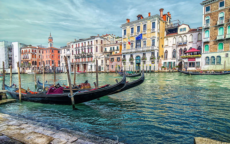 Grand Canal, gondolas, italian cities, Venice, summer, Italy, Europe, venetian canals, italian landmarks, R, HD wallpaper