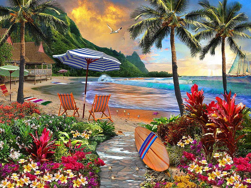 Hawaiian Life, art, beach, digital, umbrella, flowers, sea, palms, HD wallpaper