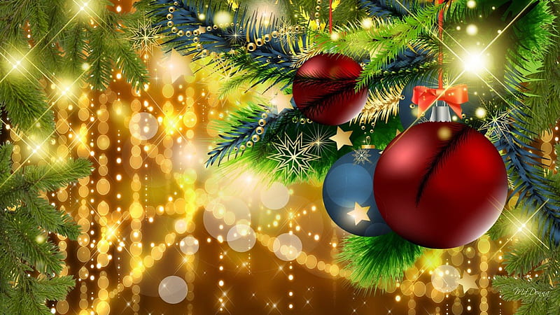 Christmas decoration, baubles, fir branches, christmas, lamps, chains, beads, HD wallpaper