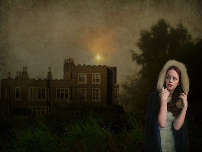 Storm the Bleak House, tree, fantasy, lady, castle, HD wallpaper