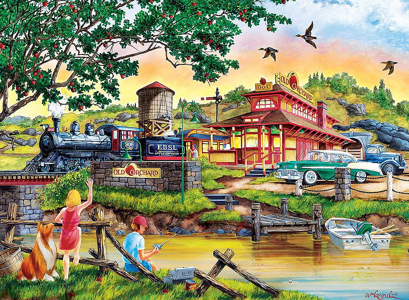 Apple Express, train, painting, children, station, birds, river, artwork, pier, boat, car, HD wallpaper