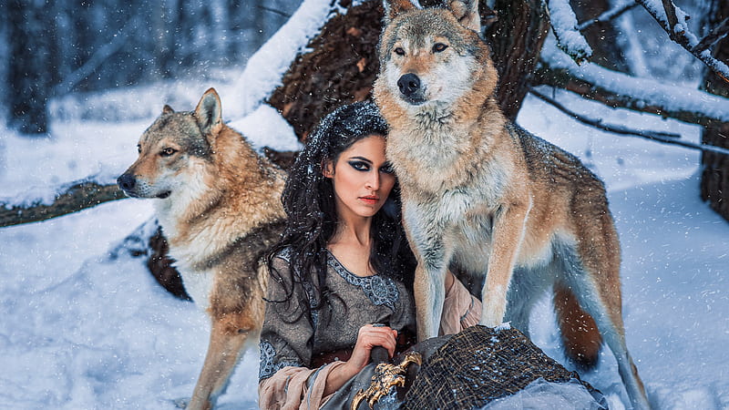 Black Hair Girl Model Is Sitting With Wolves On Snow In Snow Falling Background Girls, HD wallpaper