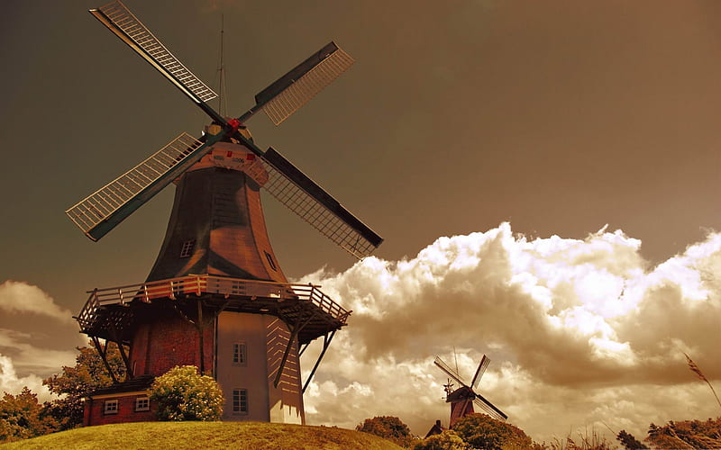 windmills in the netherlands-Vintage style, HD wallpaper