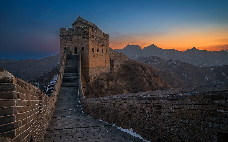 Jinshanling, Great Wall of China, Luanping County, Chengde City, Hebei Province, evening, sunset, mountain landscape, skyline, China, HD wallpaper