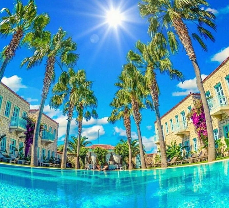 Hotels in Alacati - Turkey, architecture, getaways, outdoor pool, love four seasons, attractions in dreams, Turkey, Alacati, hotels, resorts, paradise, summer, HD wallpaper