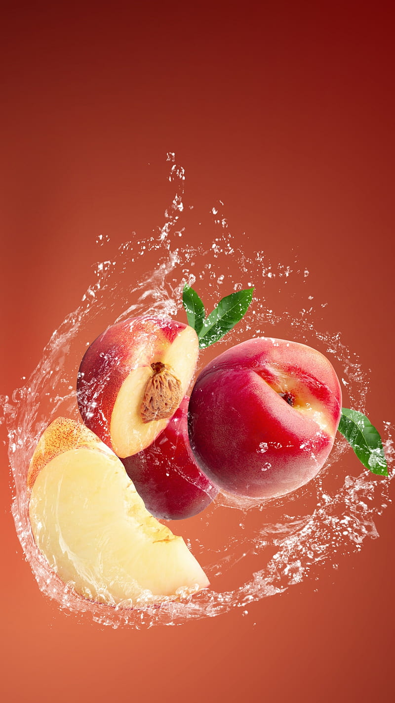 Peach, food, fruits, orange, red, slices, splash, water, water splash, HD phone wallpaper