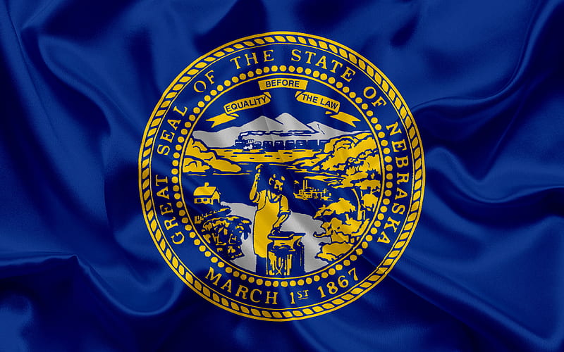 Nebraska State Flag, flags of States, flag State of Nebraska, USA, state Nebraska, blue silk flag, Nebraska coat of arms, HD wallpaper