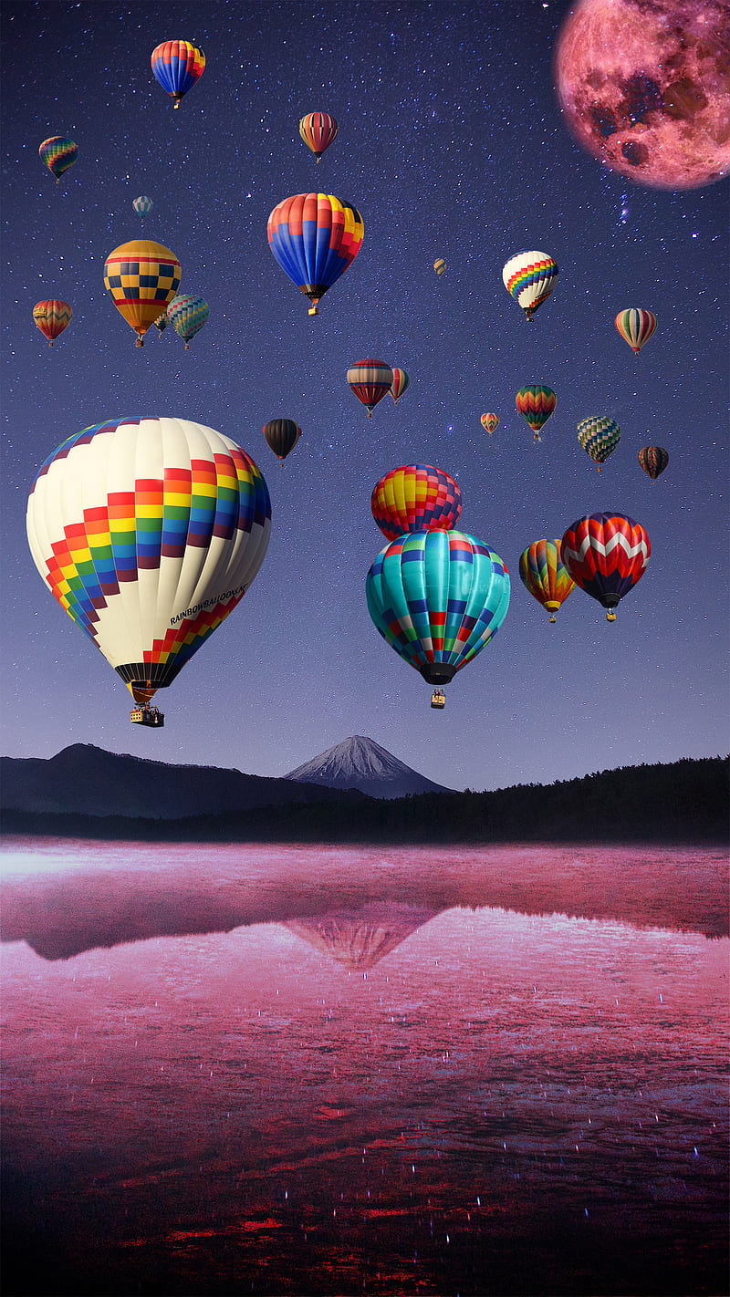 Air Ballons, evening, moon, mountain, night, pink, HD phone wallpaper
