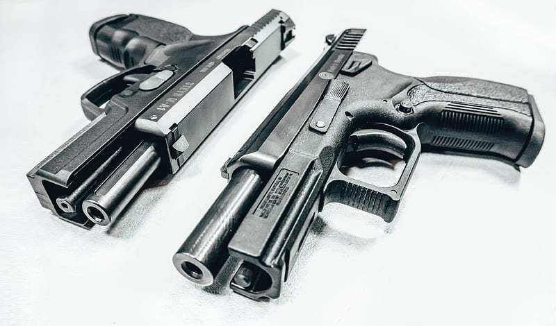 black semi automatic airsoft pistol on white textile, HD wallpaper