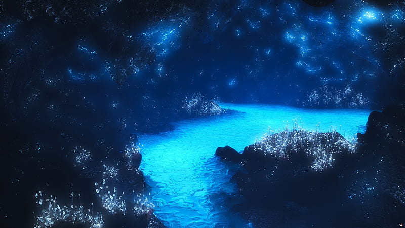 Glow Worm Cave, rocks, water, abstract, blue, HD wallpaper