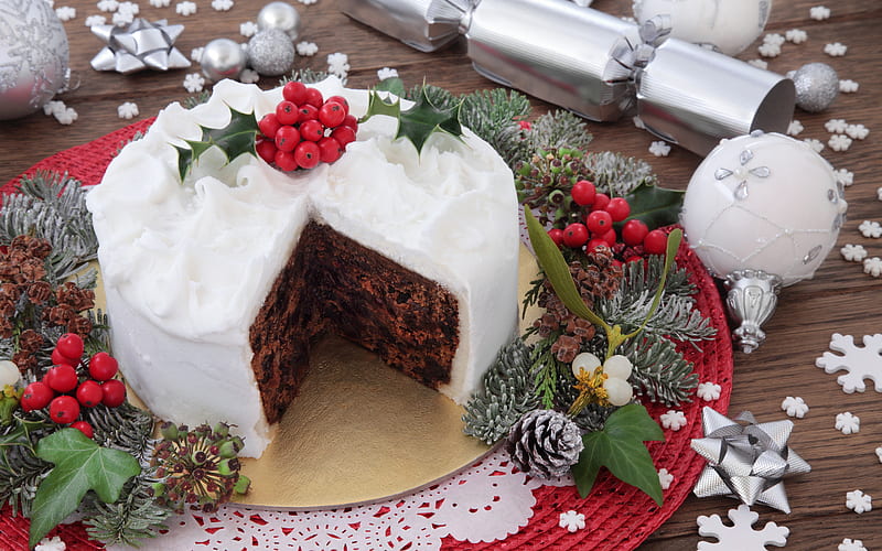 Christmas cake, New Year, chocolate cake with white cream, Christmas decoration, Merry Christmas, HD wallpaper