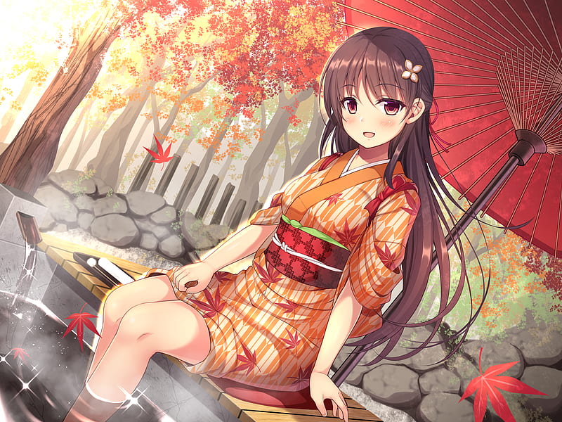 Anime Girl, Brown Hair, Long Hair, Kimono, Flute, 1440x2960 Phone HD