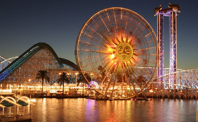 Ferris Wheel, games sun lights, wheel, evening, reflection, funfair, night, playing pic, fun, amusement park, amusement, HD wallpaper