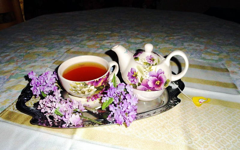 Tea Time, blossoms, teapot, cup, tablet, HD wallpaper | Peakpx