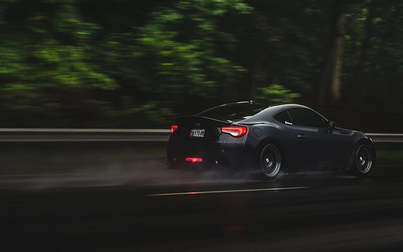 Subaru BRZ, tuning, rain, supercars, motion blur, black BRZ, Subaru, HD wallpaper