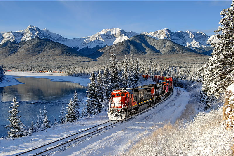 Hauling Goods to the East from Vancouver, British Columbia, snow, train, mountains, canada, HD wallpaper
