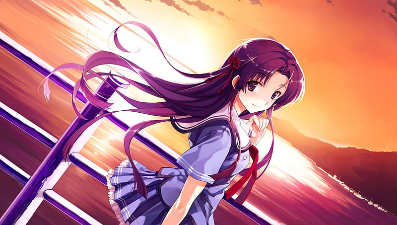 Sayoko Koga, red, orange, sunset, anime school girl, sea, deep blue sky ...