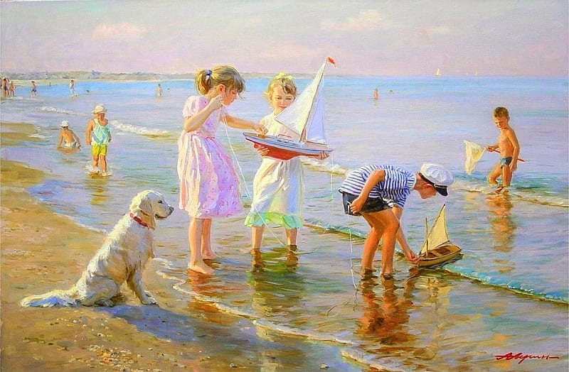 Children playing on the beach, painting, summer, children, alexander averin, pictura, art, caine, sea, vara, copill, dog, HD wallpaper