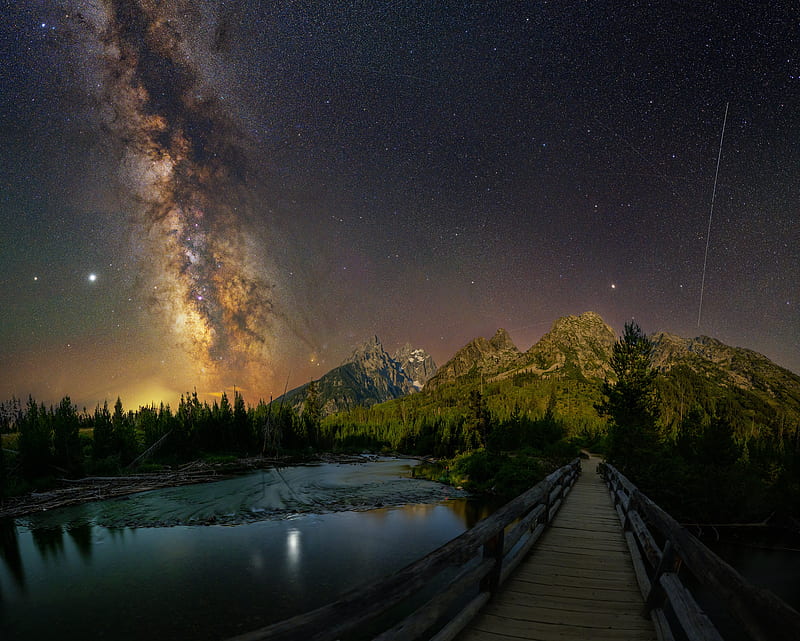 Bridges, Bridge, Fir Tree, Lake, Milky Way, Mountain, Night, Stars, HD wallpaper