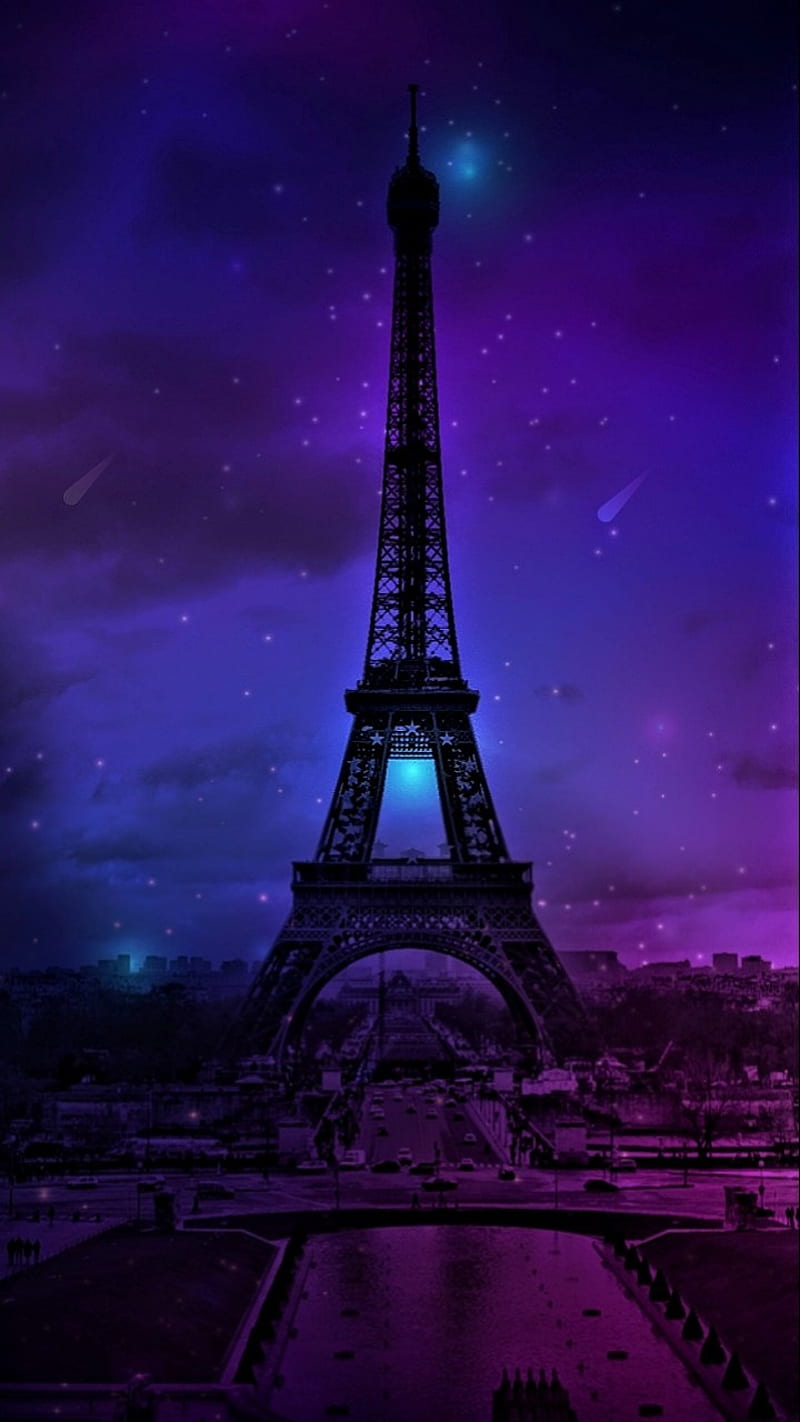 Midnight Paris, blue, bonjour, croissant, eiffel, french, fries, purple, tower, HD phone wallpaper