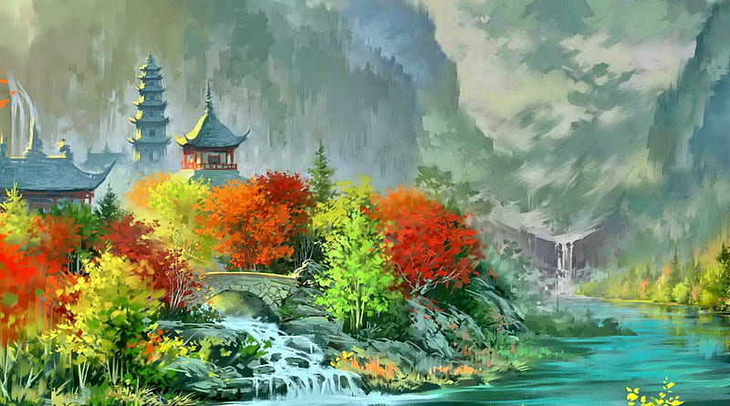 Chinese Castle, rocks, sky, clouds, lake, waterfalls, paintings, water, splendor, paradise, mountains, plants, nature, castle, landscape, HD wallpaper