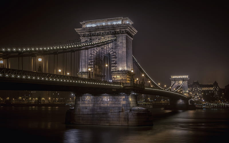 Chain Bridge, Budapest, sights, city lights, night, Danube, Hungary, HD wallpaper