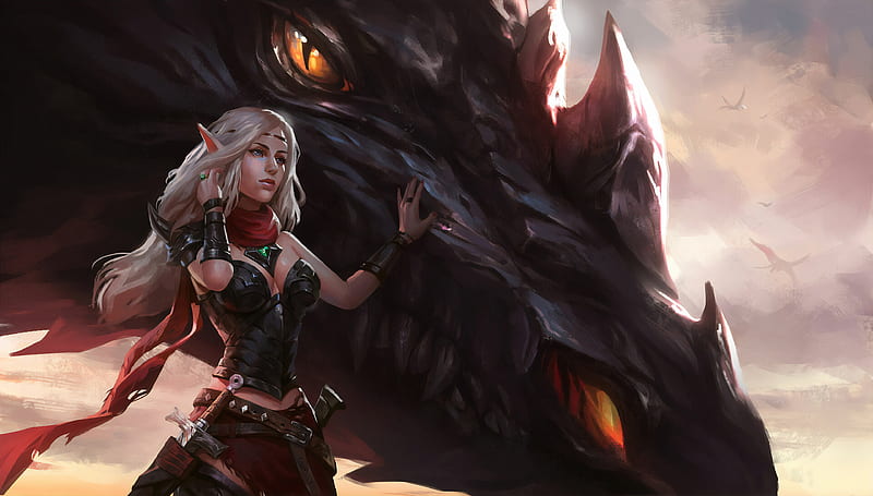 Warrior Girl With Dragon, artist, artwork, artstation, dragon, HD wallpaper