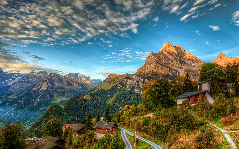 Houses on Swiss Alps, peaks, clouds, sky, street, landscape, HD wallpaper